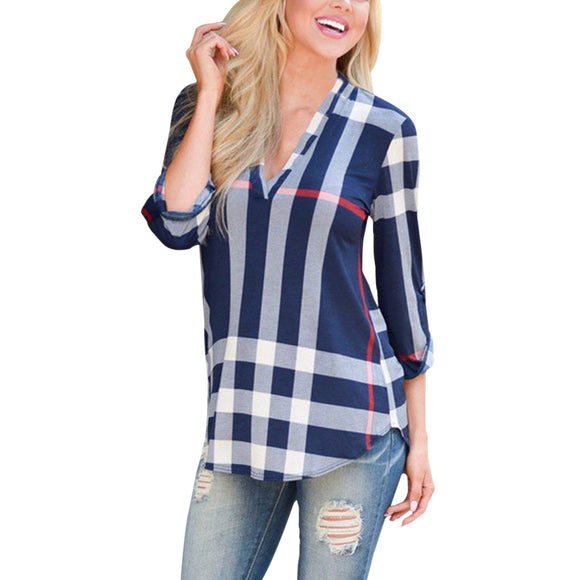 Plaid Women Top Three-quarter Sleeve